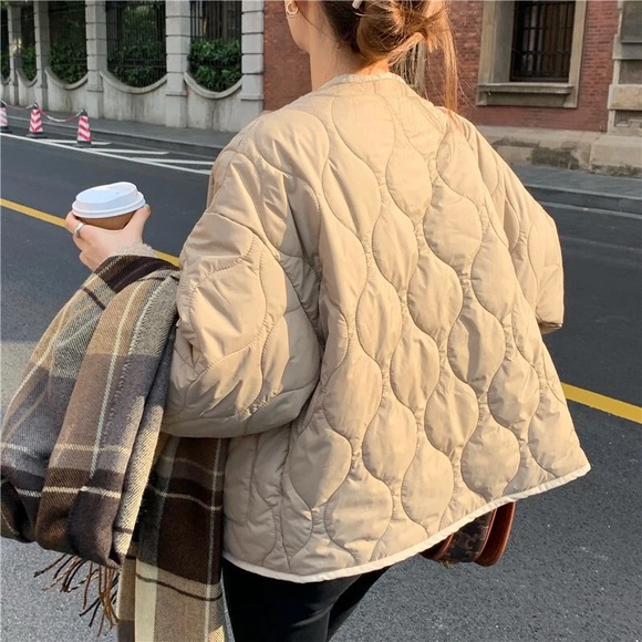 Coat jacket reversible cozy khaki beige tan pocket quilted puff women’s Teddy - Picture 9 of 13